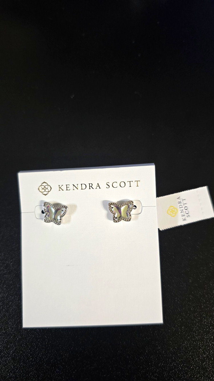 Kendra Scott Silver Tone Butterfly Stud Earrings Mother of Pearl/Abalone Crystal